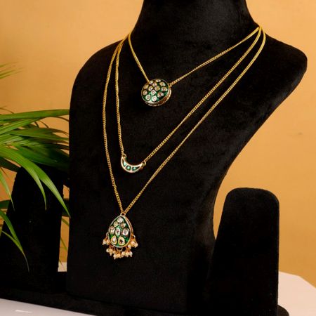 Green Kundan Multi-Layer Necklace with Gold Tone Chains & Pearl Tassels